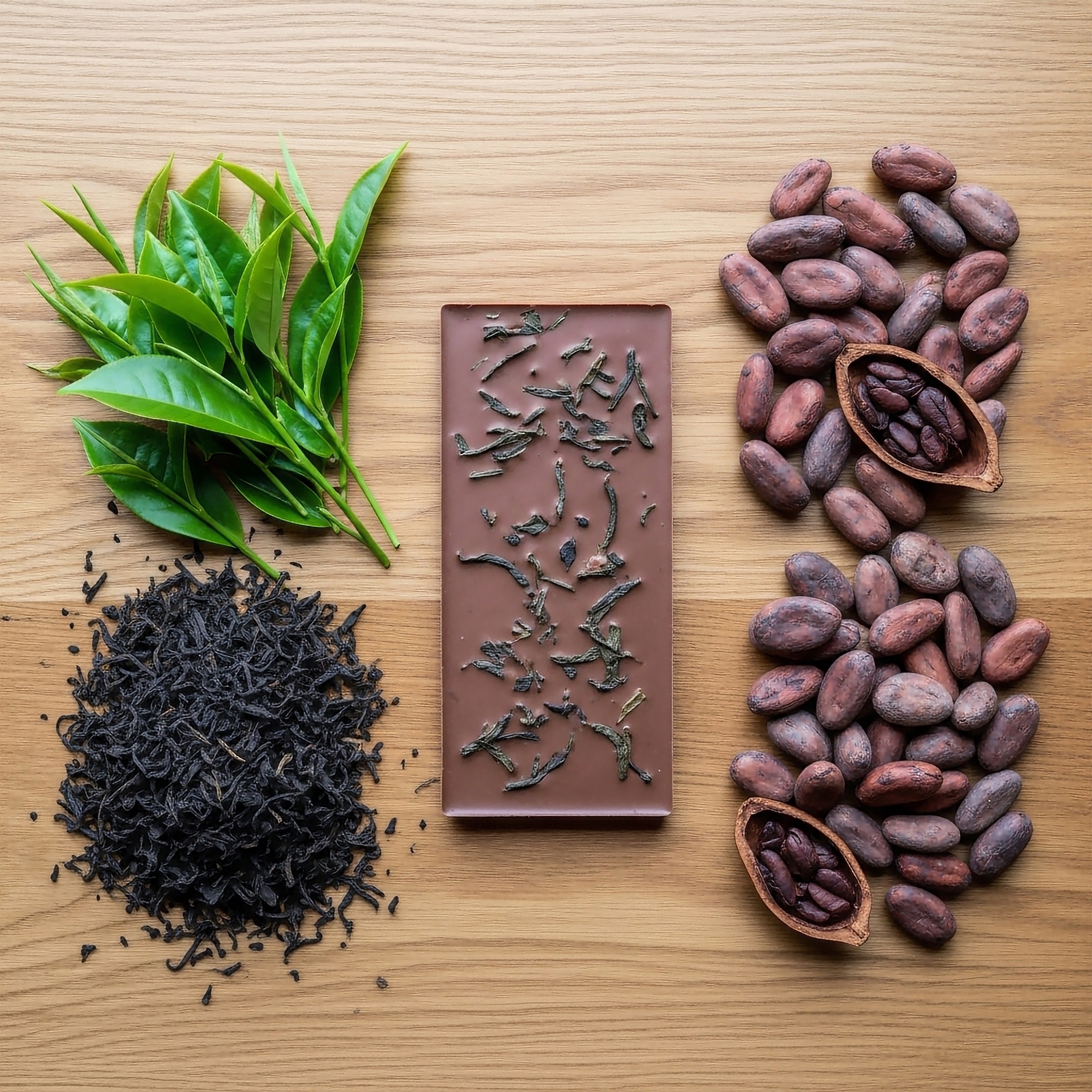 Folk illustration of tea-infused chocolate bars with matcha powder and cocoa pods