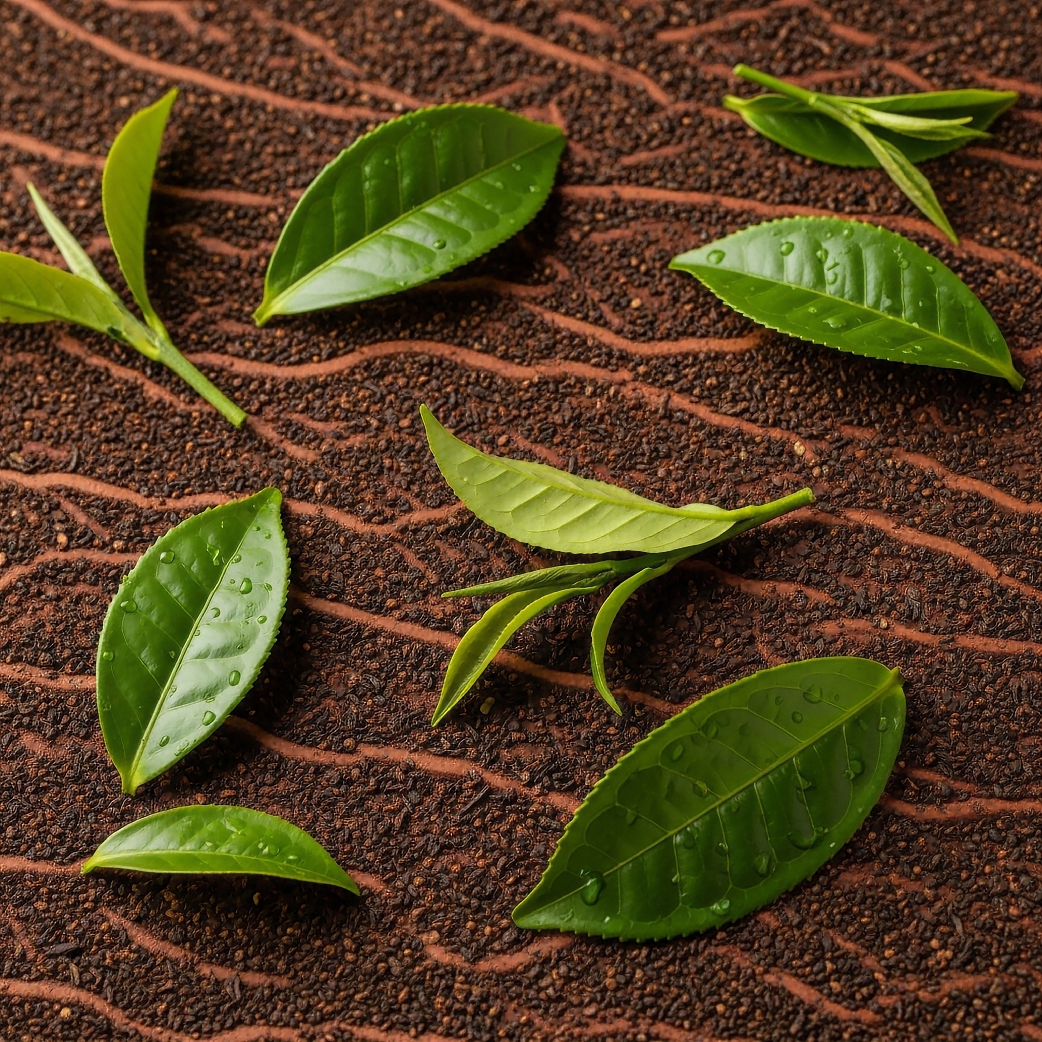 Folk illustration of sustainable leather swatches made from tea waste alongside dried tea leaves