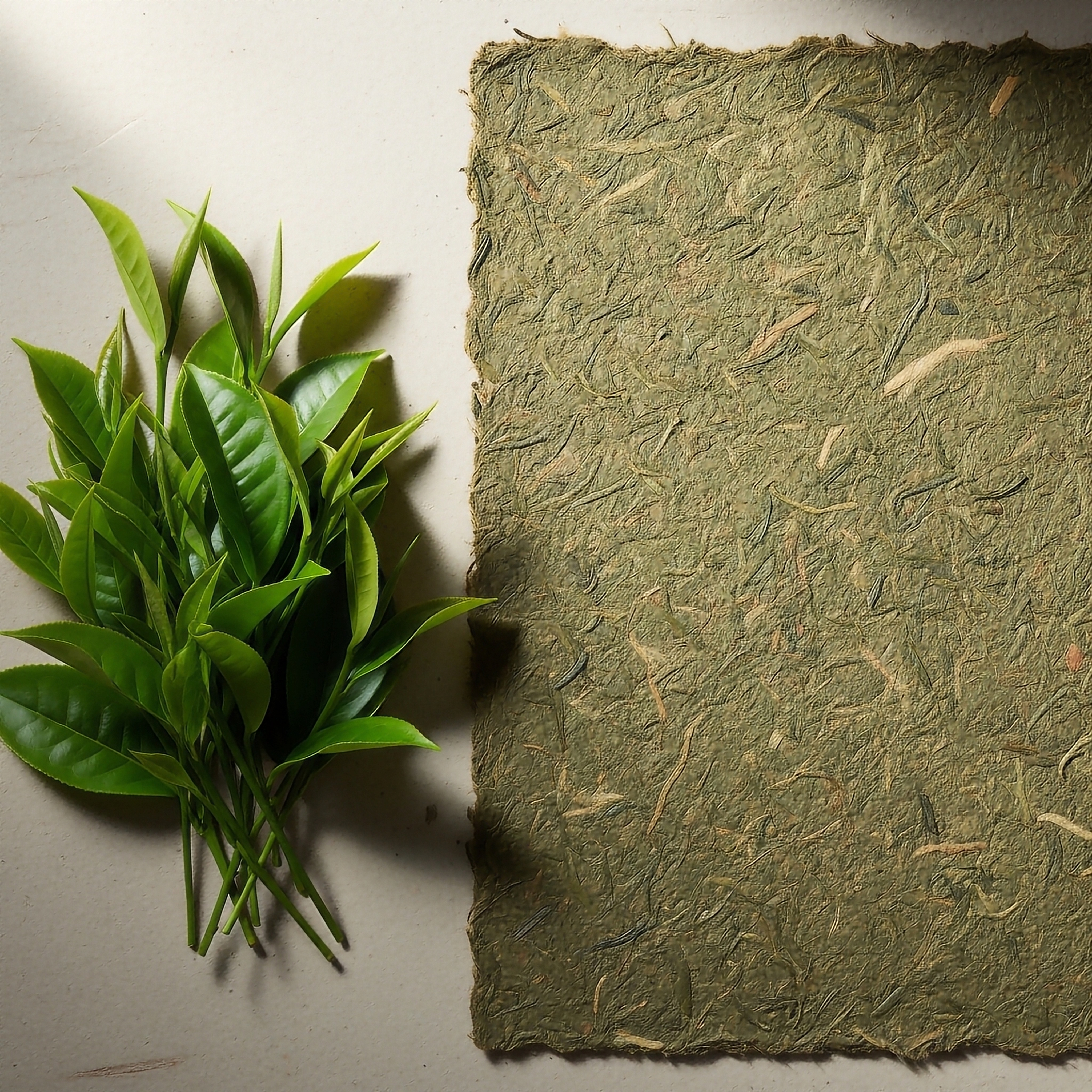 Folk illustration of handmade paper sheets with tea leaves pressed into the surface