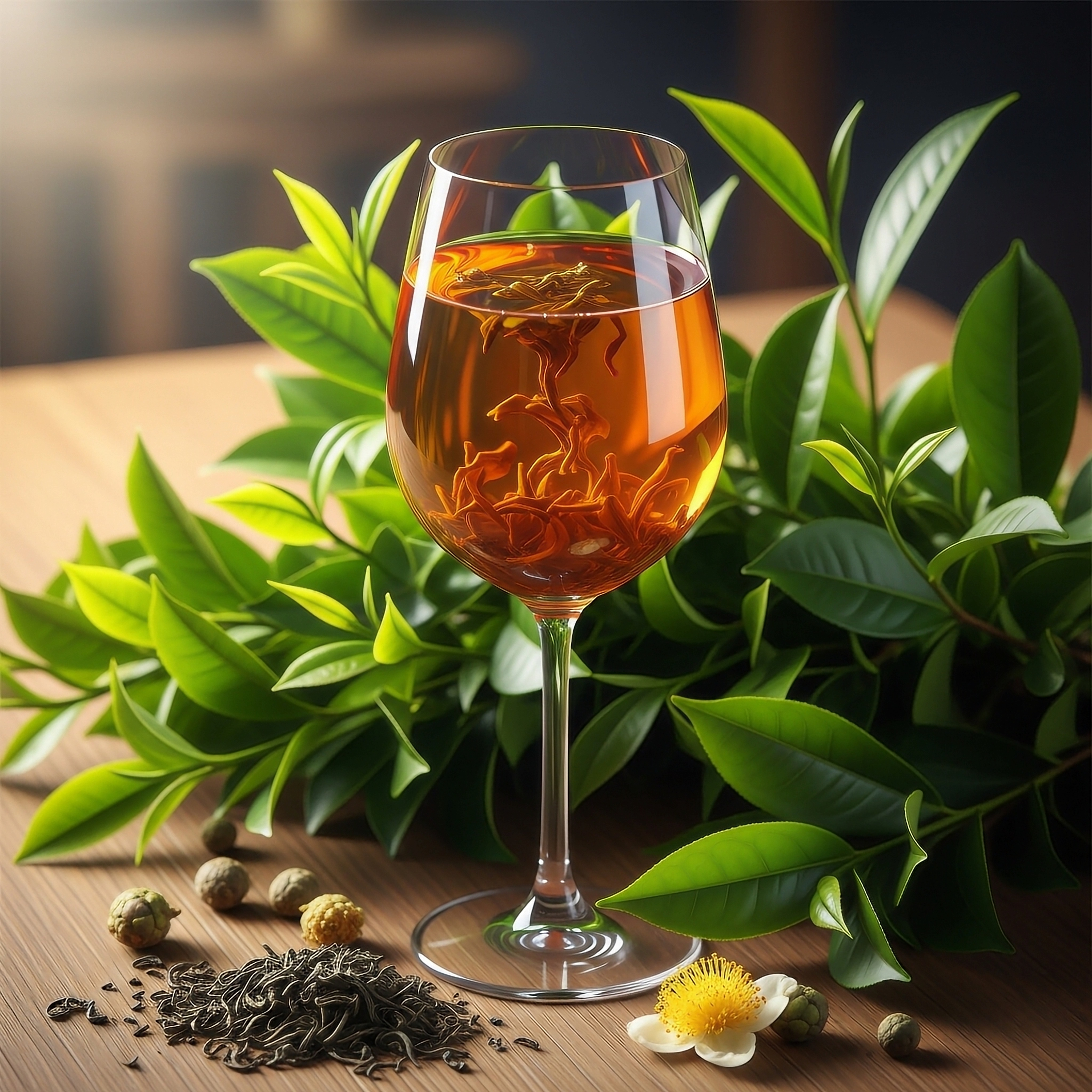 Artistic folk illustration of tea wine in an elegant glass surrounded by tea leaves